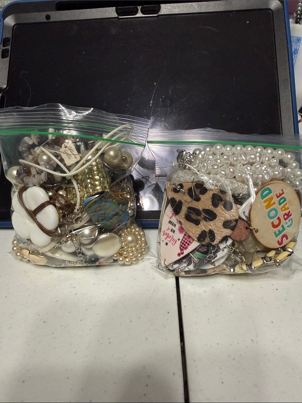 2 Bags of Mixed Costume Jewelry Lot with Faux Pearls and Colorful Beads